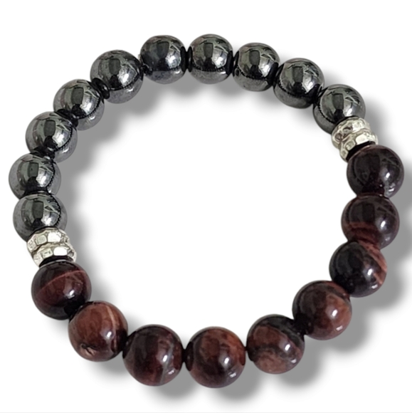 10MM Red Tiger's Eye Hematite Stretch Beaded Bracelet - Picture 1 of 4